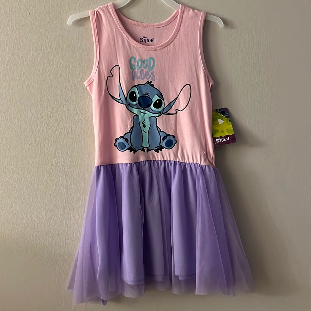 Stitch GOOD VIBES Dress with Pink Tank Top & Lavender Mesh Skirt * Girl size 5/6